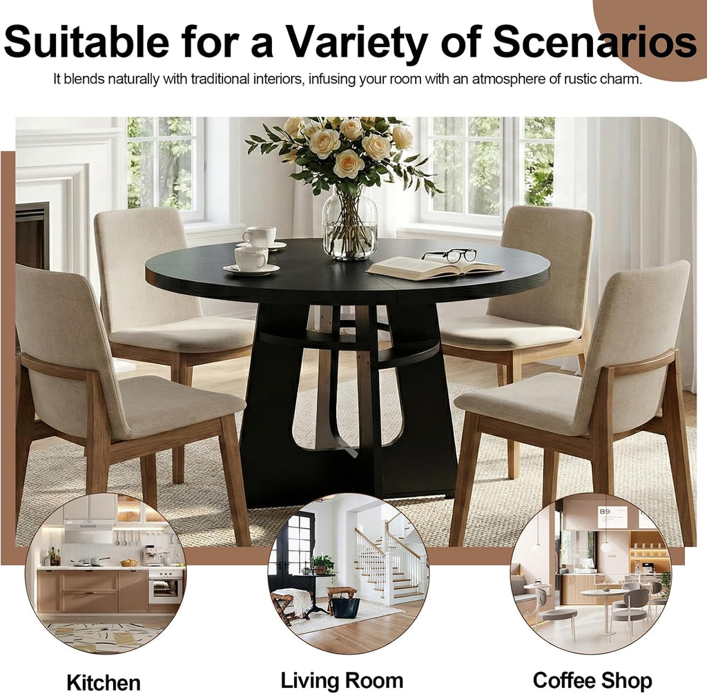 47' Round Dining Table for 4-6 Black, Farmhouse Wood Circle Dinner Table, Modern Wooden Circular Dinner Tables Easy Assembly for Dining Room/Kitchen/Living Room/Apartment (Table Only)