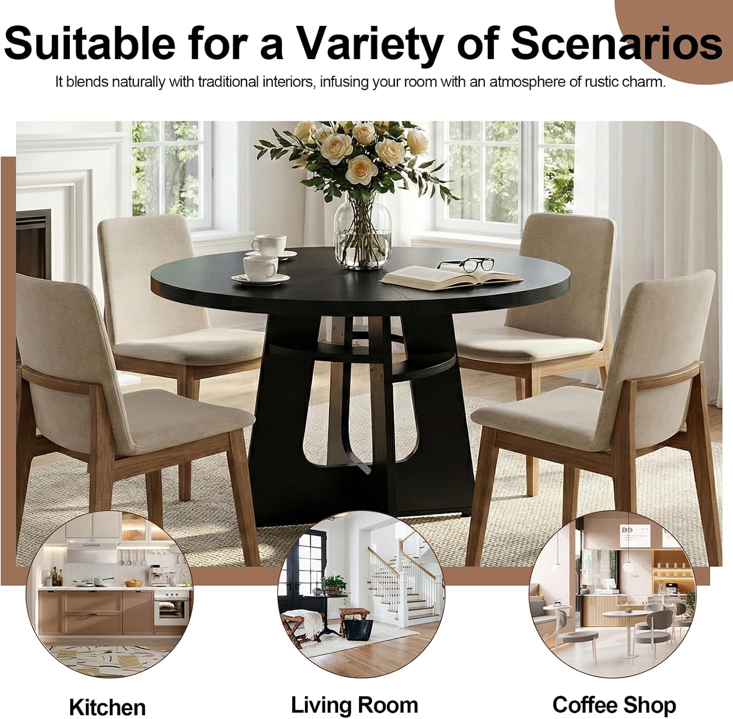 47' Round Dining Table for 4-6 Black, Farmhouse Wood Circle Dinner Table, Modern Wooden Circular Dinner Tables Easy Assembly for Dining Room/Kitchen/Living Room/Apartment (Table Only)