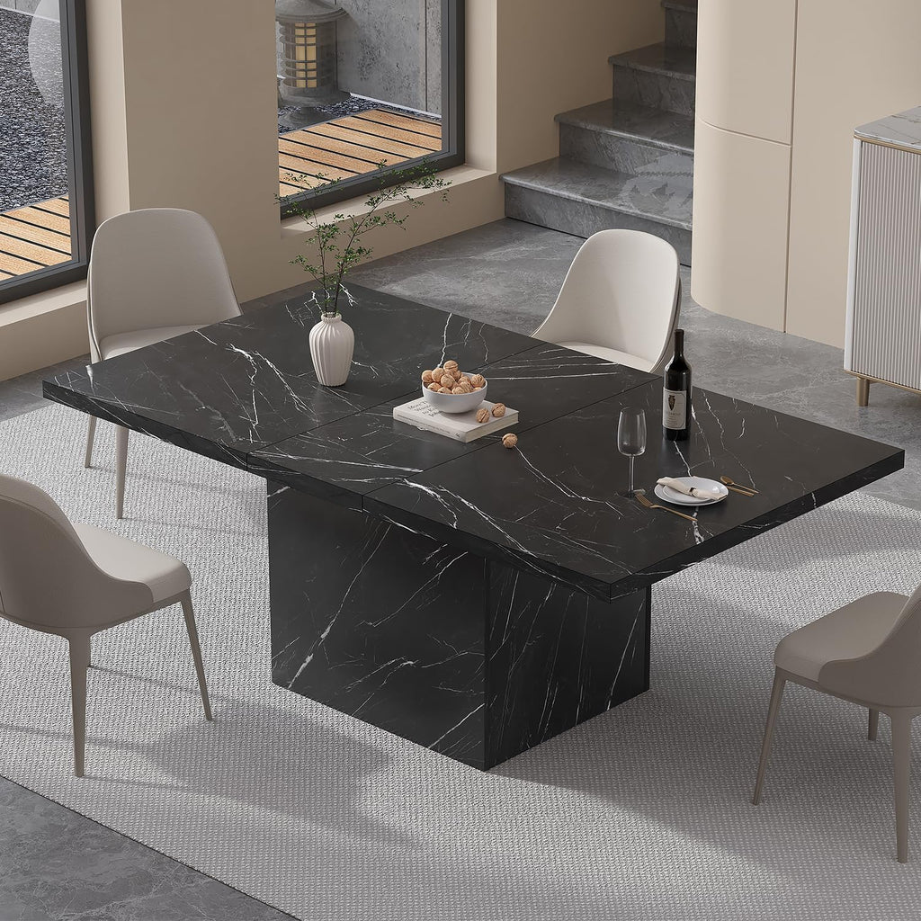 HSH 55 inch Dining Room Table for 4, Modern Black Faux Marble Dining Table, Rectangle Kitchen Table with Heavy Duty Pedestal, Industrial Wood Dinner Desk for Home Living Room, Black Marble, 55 Inch