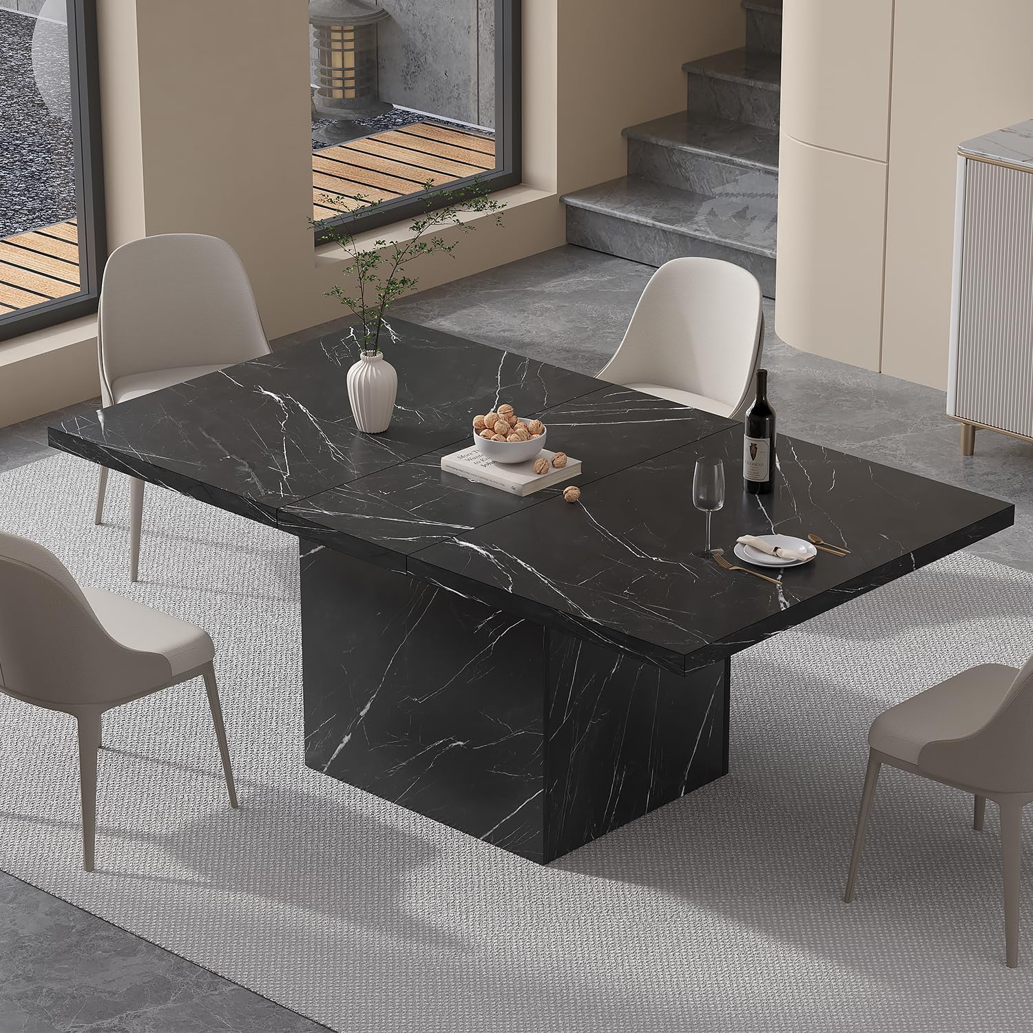 HSH 55 inch Dining Room Table for 4, Modern Black Faux Marble Dining Table, Rectangle Kitchen Table with Heavy Duty Pedestal, Industrial Wood Dinner Desk for Home Living Room, Black Marble, 55 Inch