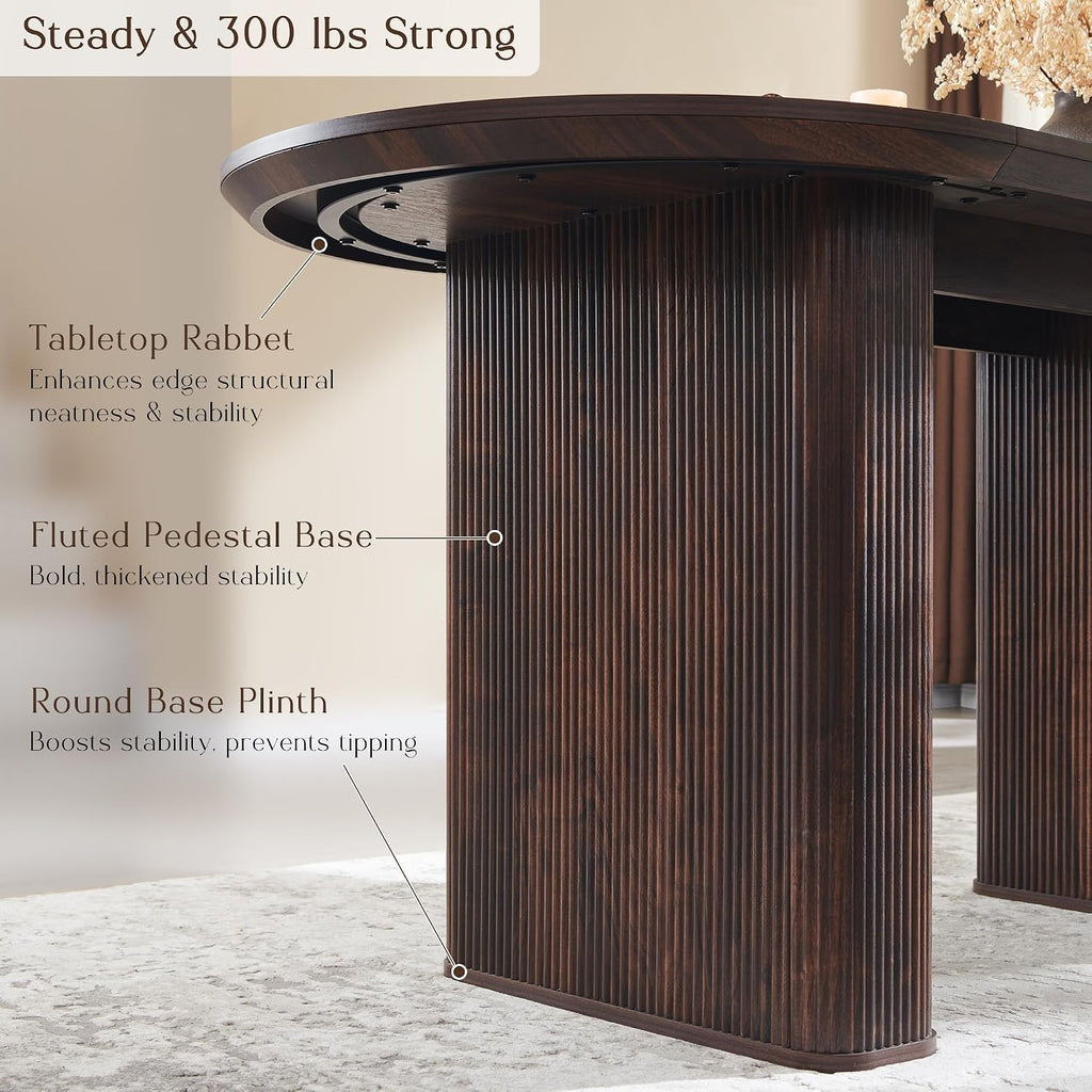 T4TREAM 63' Fluted Oval Dining Table for 4-6, Mid-Century Modern Kitchen Table with Thickened Edge & Strip Pedestal Base, Wood Luxury Table for Dining Room/Kitchen/Home Office, Walnut (Table Only)