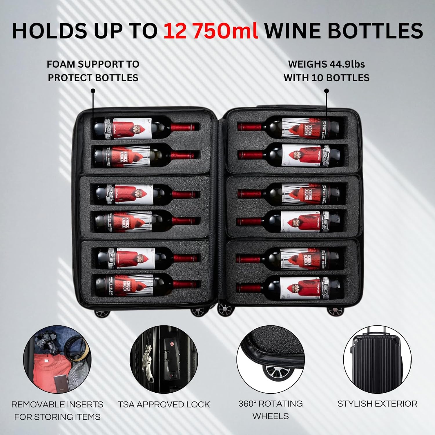 Wine Bottle Suitcase | Holds 12 Standard 750 ML Size Bottles | Universal Airplane Luggage Case, TSA Approved Wheeled Bag For Professionals and Consumers, Gift For Wine Lovers & Connoisseurs