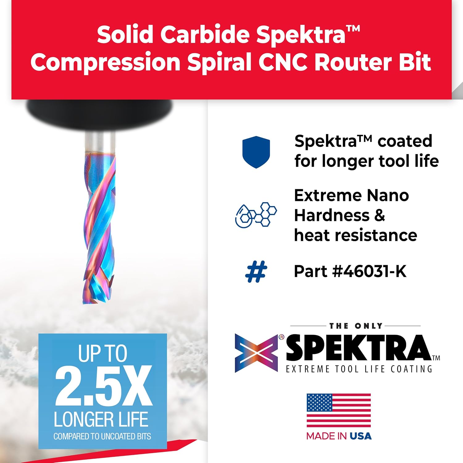 Amana Tool Spektra Extreme Tool Life Solid Carbide CNC Compression Spiral Router Bit, 46031-K, 8 D x 1-1/4 CH x 3/8 SHK x 3 Inch Long 3 Flute