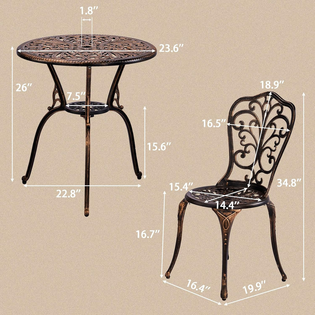 VINGLI 3 PCS Outdoor Bistro Set, Outdoor Patio Set, All-Weather Cast Aluminum Bistro Table Set, Bistro Table and Chairs Set of 2 for Backyard, Garden, Balcony (Bronze, Butterfly)