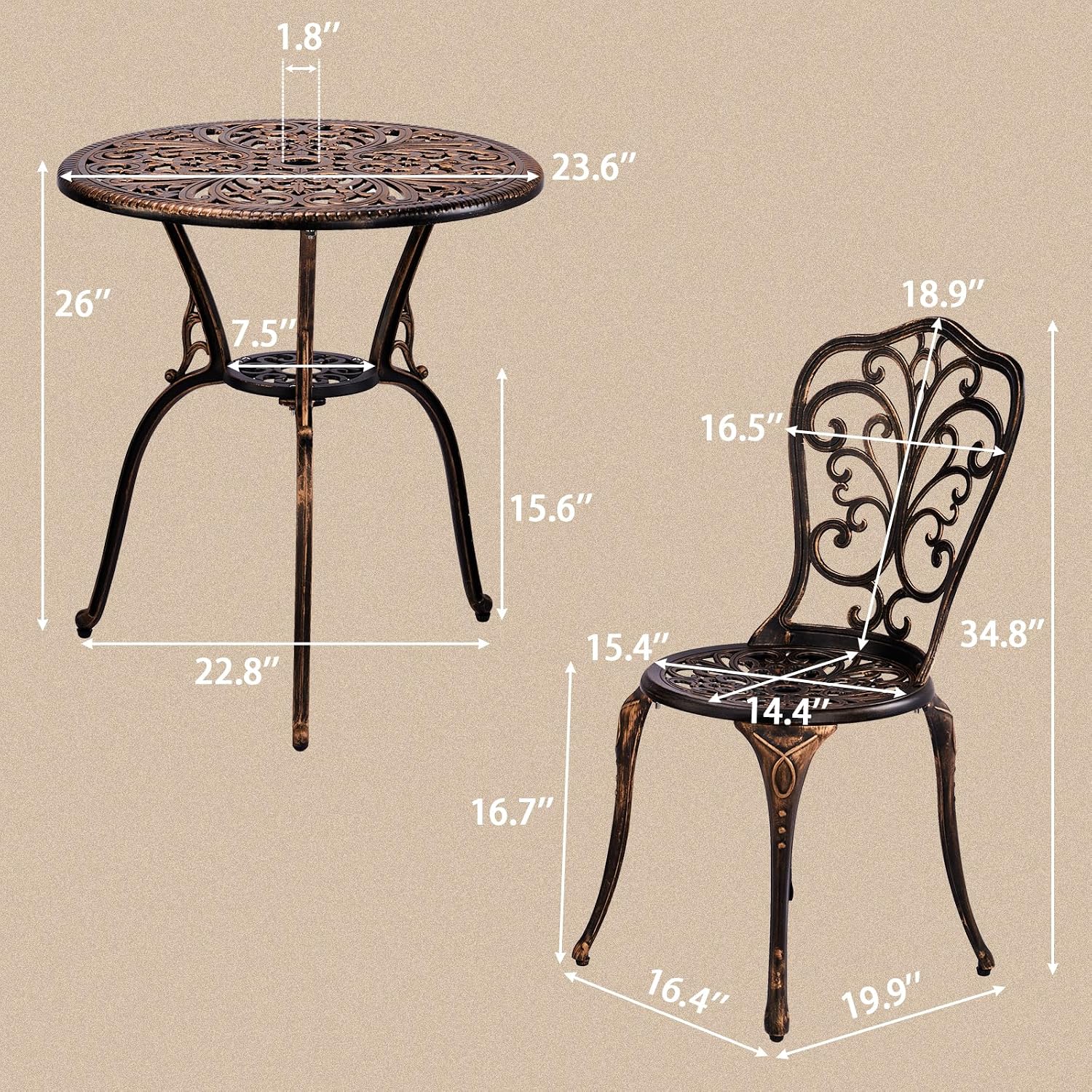 VINGLI 3 PCS Outdoor Bistro Set, Outdoor Patio Set, All-Weather Cast Aluminum Bistro Table Set, Bistro Table and Chairs Set of 2 for Backyard, Garden, Balcony (Bronze, Butterfly)