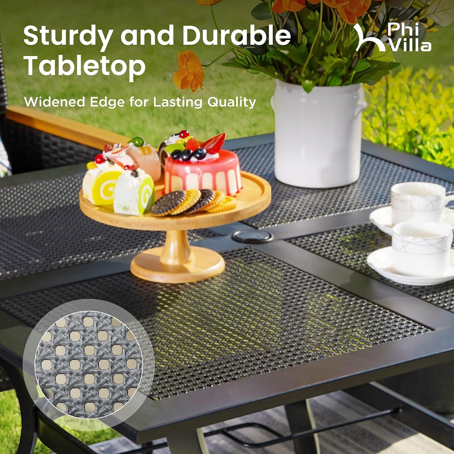 PHI VILLA 37 Inch Outdoor Dining Table Metal Steel Mesh Patio Dining Table Umbrella Table with 1.57' Umbrella Hole (Mesh)