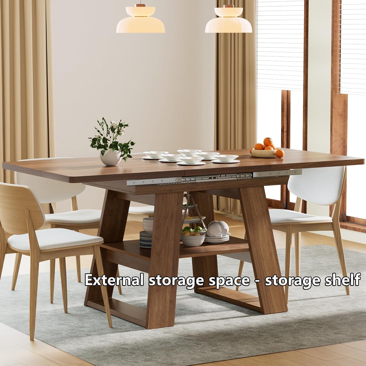 Lxsxlome 47.24''-66.92'' Extendable Dining Room Table for 4-6, Rectangle Extendable Kitchen Table with Removable Leaves, Space Saving, Wooden Dining Table with Storage Shelf (Style 2, Walnut)