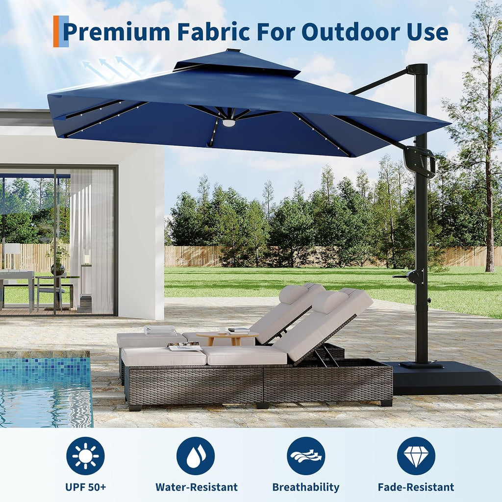 Garvee 10 ft Solar Lights Cantilever Patio Umbrella with Base Included, 360° Rotation Offset Umbrella, Easy Crank & Tilt Adjustment, UV Protection for Backyard, Poolside, Deck -Navy Blue