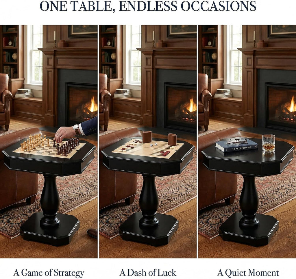 Chess Table, Reversible Chess Checker Game Table with 2 Drawers for Family Entertainment Room, 3-in-1 Square Game Tray for Chess Checker Backgammon, Black