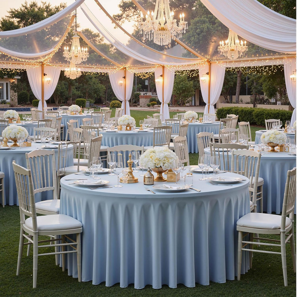 6 Pack Dusty Blue Spandex Round Tablecloths for 60 inch Table, Wrinkle Free Stretchy 120inch Fitted 5FT Round Table Cover Cloths with Skirt for Wedding Party Dining Banquet
