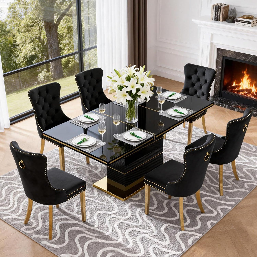 70 inch Black Dining Table for 4-6 People, Modern Kitchen Table with High Gloss Finish, Gold Stainless Steel Trims & Sturdy Pedestal Base, Luxury Dining Room Table for Dinner Party Family Gatherings