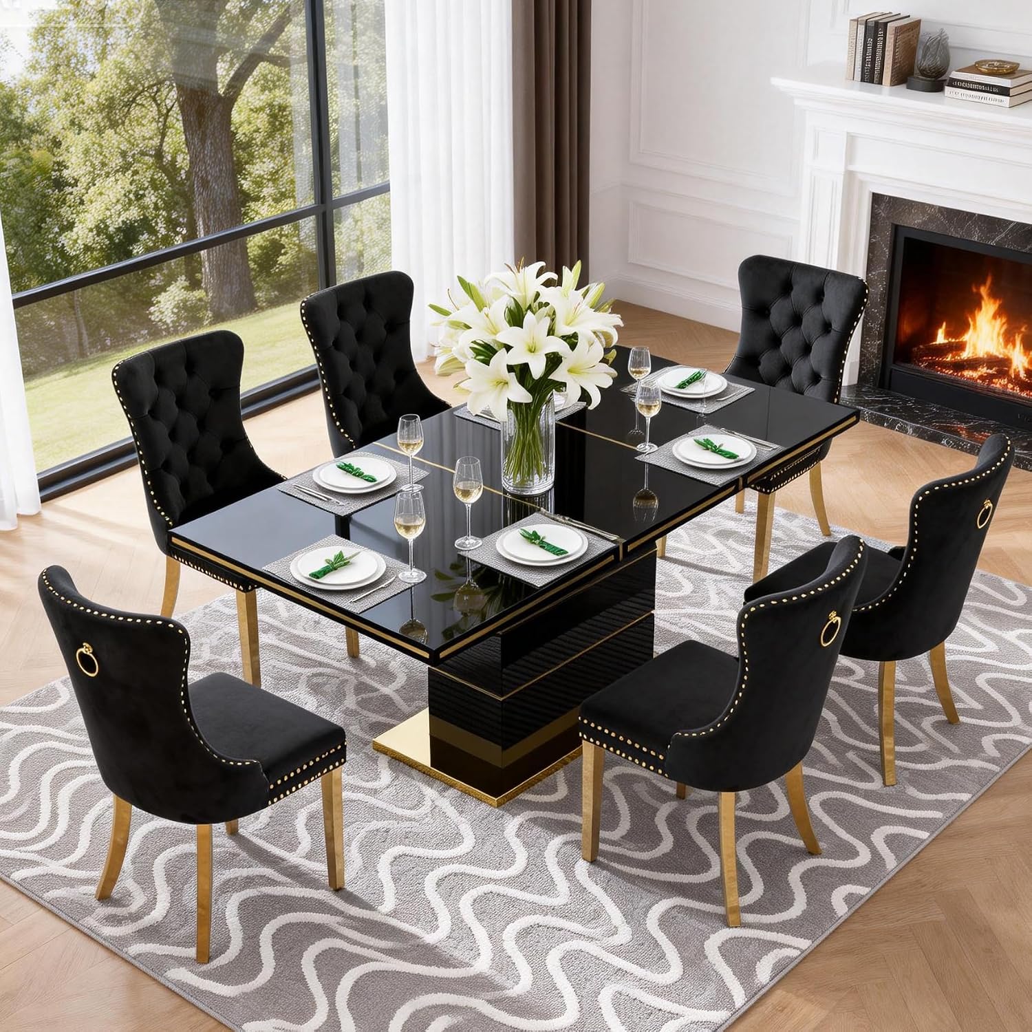70 inch Black Dining Table for 4-6 People, Modern Kitchen Table with High Gloss Finish, Gold Stainless Steel Trims & Sturdy Pedestal Base, Luxury Dining Room Table for Dinner Party Family Gatherings
