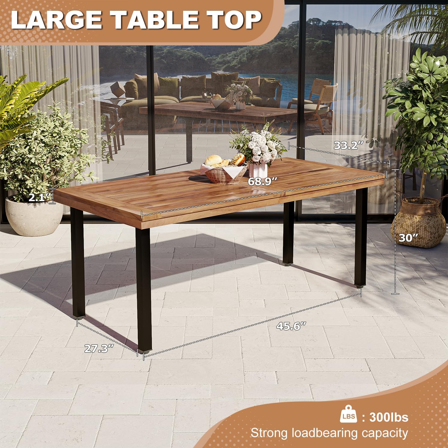 OFIKA Dining Table for 6-8 People, 70' Acacia Wood Rustic Rectangular Dinner Table with Metal Frame, Sandblast Finish, Natural Stained, Indoor Outdoor Kitchen Dining Room Table Large 70x33.2x30 inch