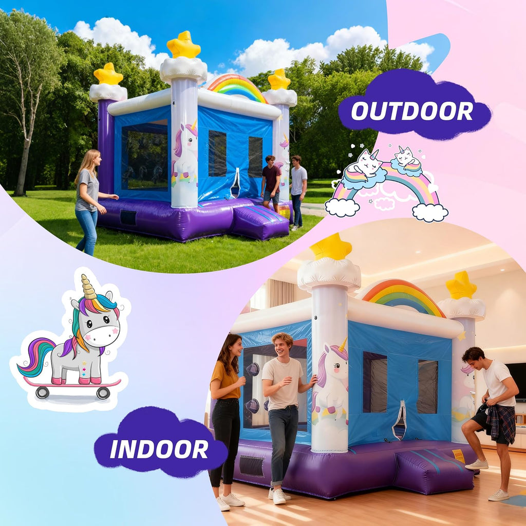 Inflatable Commercial Grade Bounce House: 13FT(L) Large Bouncy Castle for Adults and Teenagers- 750W Blower, Basketball Hoop, Premium PVC, Rainbow Style - for Backyard Outdoor Indoor