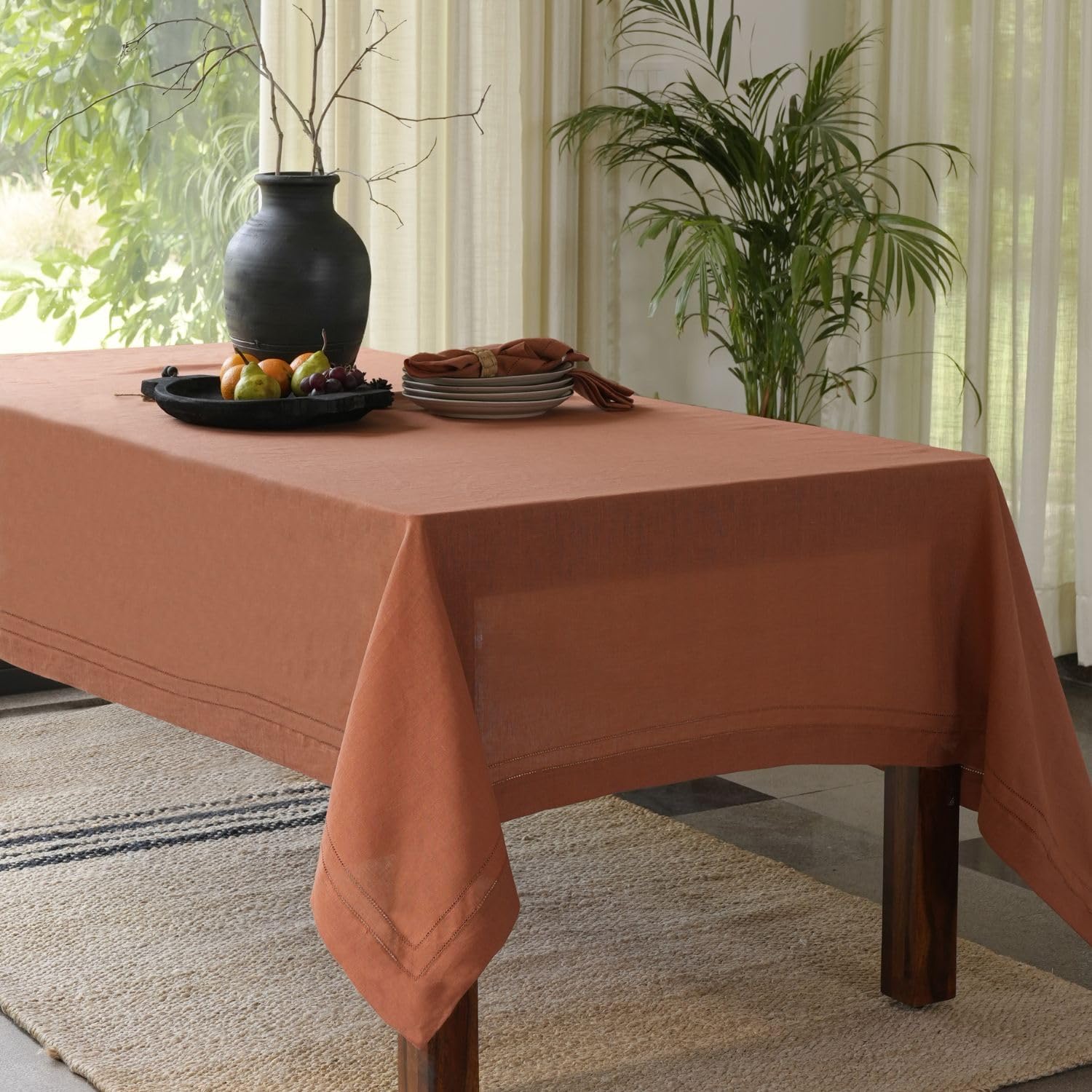 BLUE FLOWER CO Premium 100% Pure Linen Tablecloth 70'x108' Rectangle, Double Hemstitched Table Cover forDinner, Parties, Eco-Friendly, Fall & Winter Table Décor - Rust