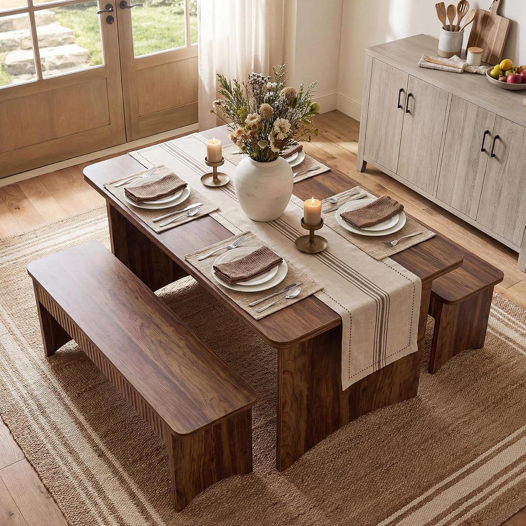 LITTLE TREE 55' Dining Table with 2 Benches, Dining Table Set for 4-6 People, Farmhouse Kitchen Table with Bench, Dining Room Table Set