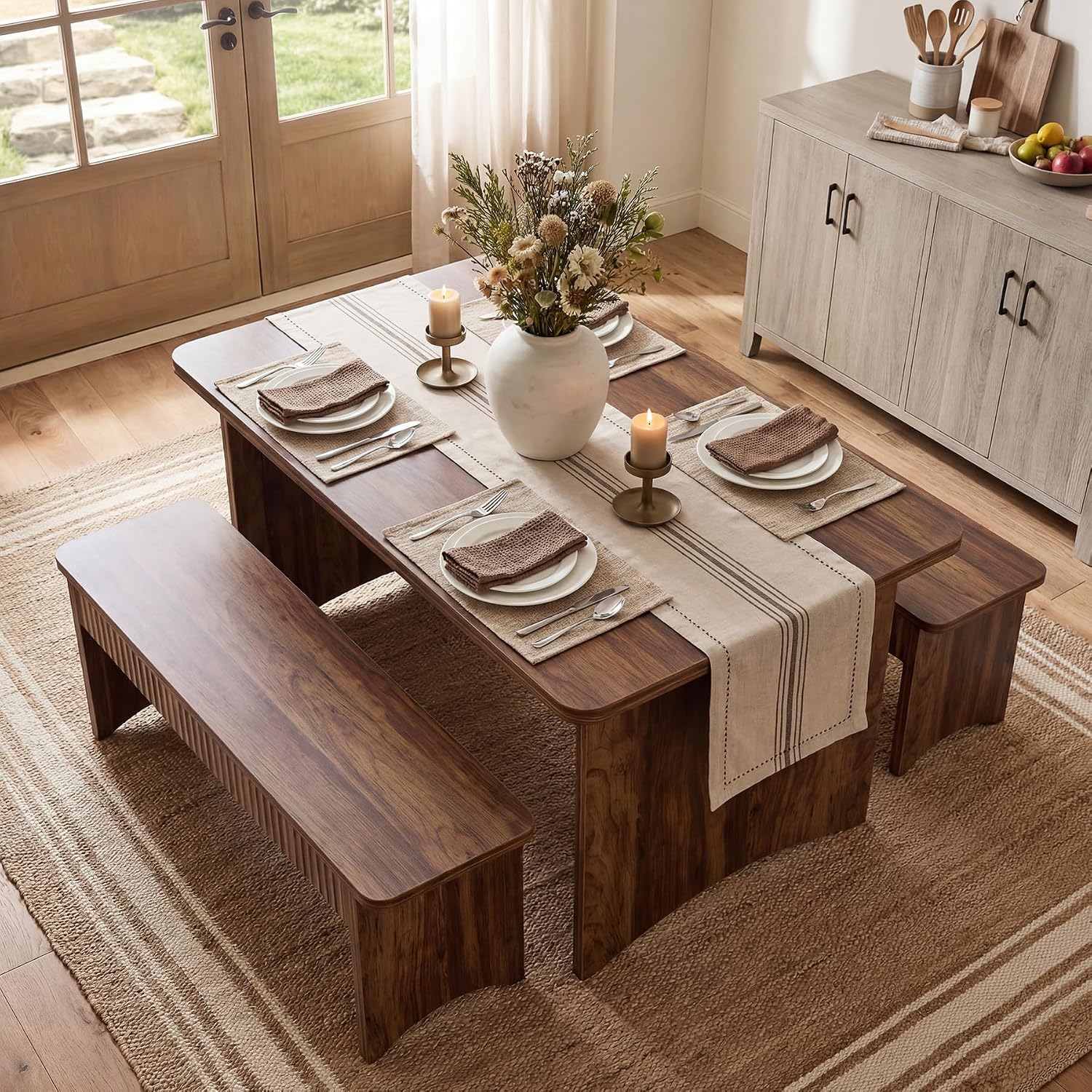 LITTLE TREE 55' Dining Table with 2 Benches, Dining Table Set for 4-6 People, Farmhouse Kitchen Table with Bench, Dining Room Table Set