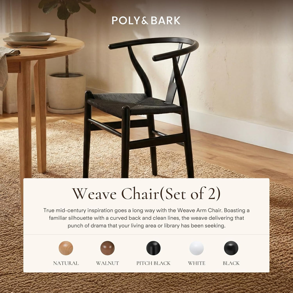 Poly & Bark Weave Dining Chairs – Mid-Century Modern Wishbone Dining Chairs with Arms, Solid Wood Frame, Indoor Use – Pitch Black – Set of 2 - Ideal for Dining Room, Kitchen or Stylish Accent Setting
