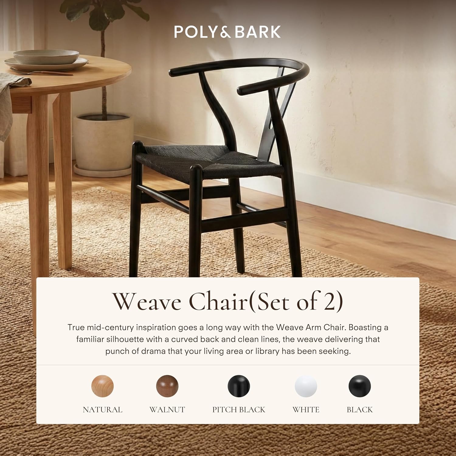 Poly & Bark Weave Dining Chairs – Mid-Century Modern Wishbone Dining Chairs with Arms, Solid Wood Frame, Indoor Use – Pitch Black – Set of 2 - Ideal for Dining Room, Kitchen or Stylish Accent Setting