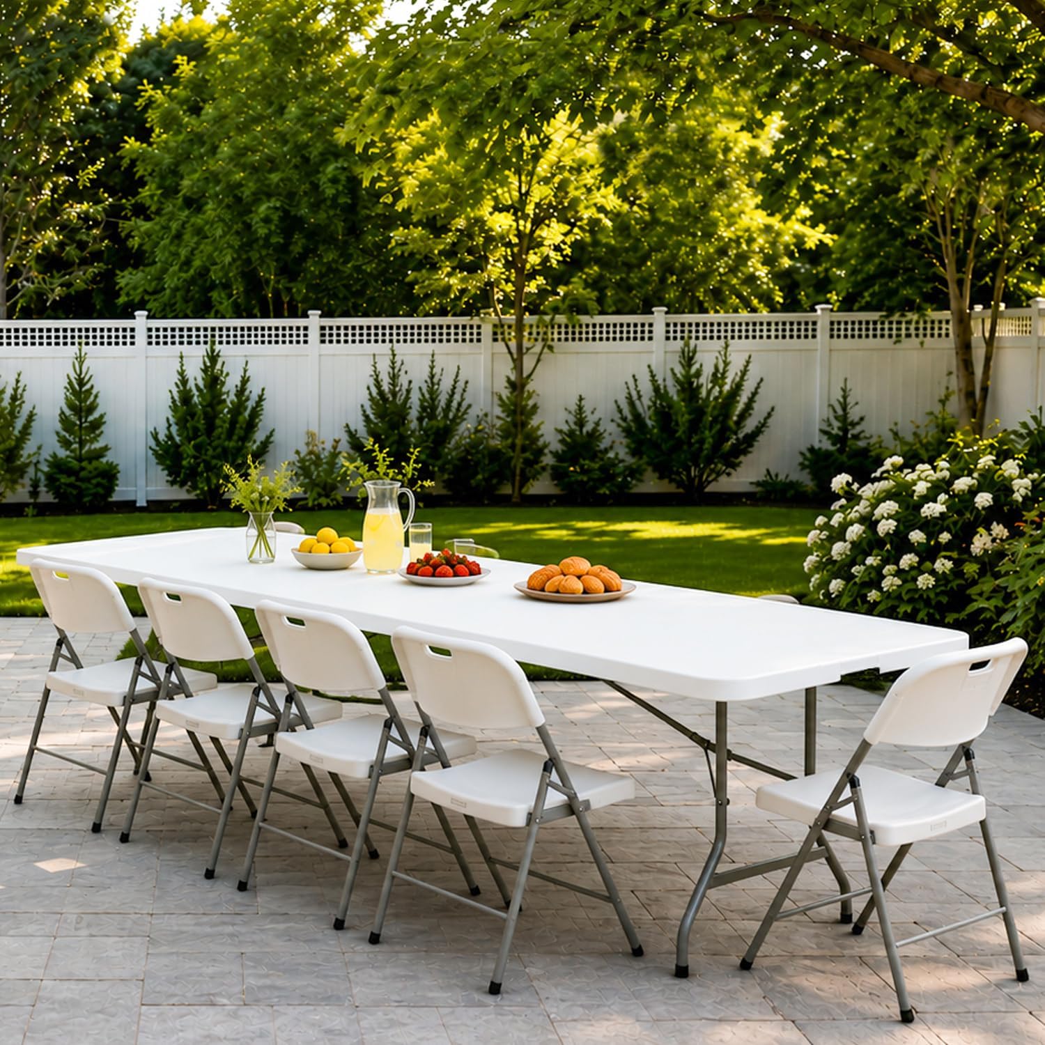8ft Folding Table 96 inch, Heavy Duty 8 Foot Portable Plastic Foldable Table with Handle and Fold-in-Half Design, Blow Molded Tabletop for Outdoor, Indoor, Party, Dining and Camping, White