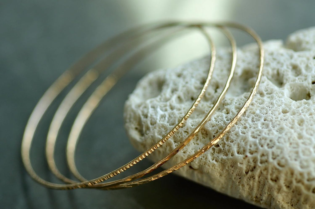 14k gold filled Bangles hammered slip on set of 3 textures, Mu-Yin Jewelry Handmade in USA