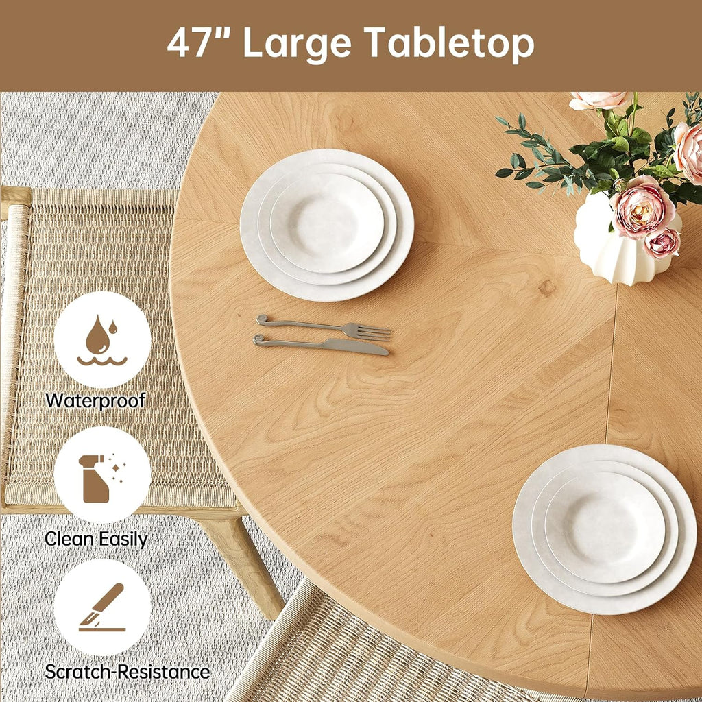 47 inch Round Dining Table for 4, Farmhouse Kitchen Table with 2-Layer Storage Shelf and Wood Slide Door Modern Dinner Table or Home Dining Room Living Room (Natural)