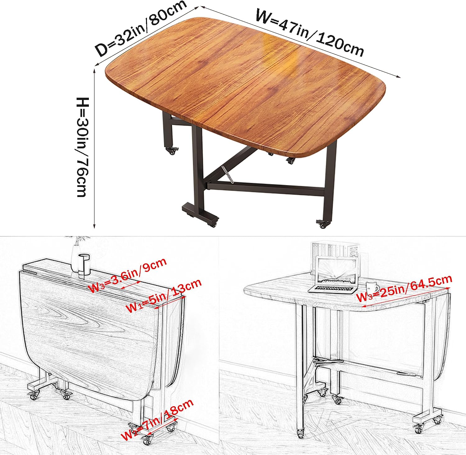 Multifunction Table Drop Leaf Dining Table - 47' Wooden Foldable Kitchen Table with 6 Wheels (Brown)