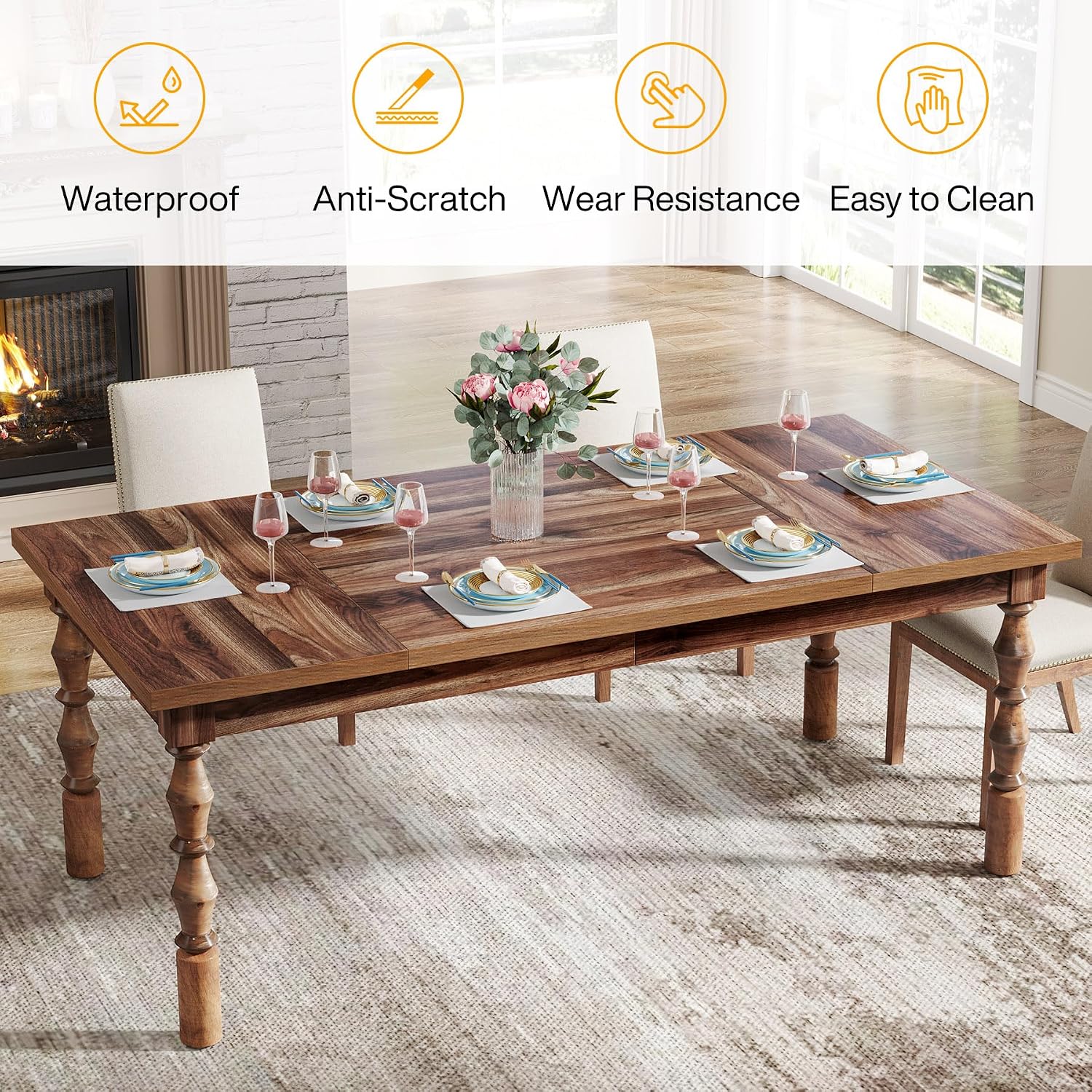 Tribesigns 62' Farmhouse Dining Table for 4-6 People, Large Rectangle Kitchen Table, Dinner Table Kitchen & Dining Room Furniture with Carved Turned Legs