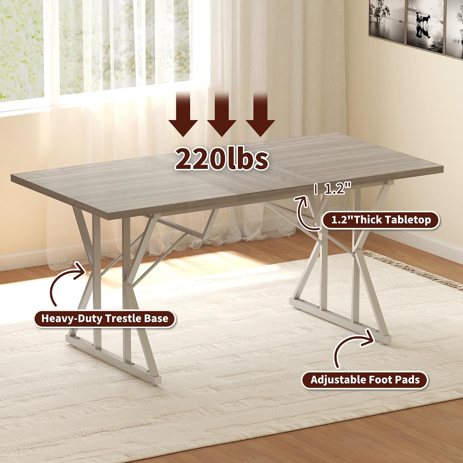 HOMCOM 47'-63' Expandable Dining Table for 4-6 People, Farmhouse Dinner Table with Heavy Duty Metal Trestle Base, Rectangle Kitchen Desk, Distressed Gray