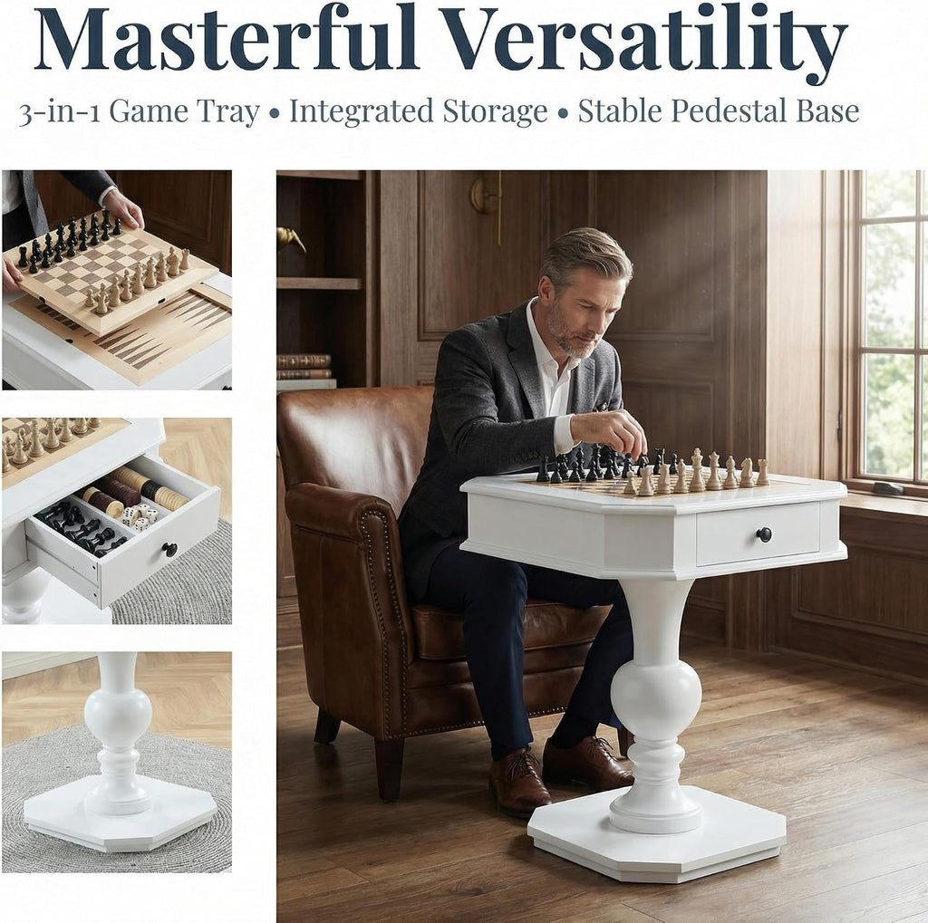 Chess Table, Reversible Chess Checker Game Table with 2 Drawers for Family Entertainment Room, 3-in-1 Square Game Tray for Chess Checker Backgammon, White