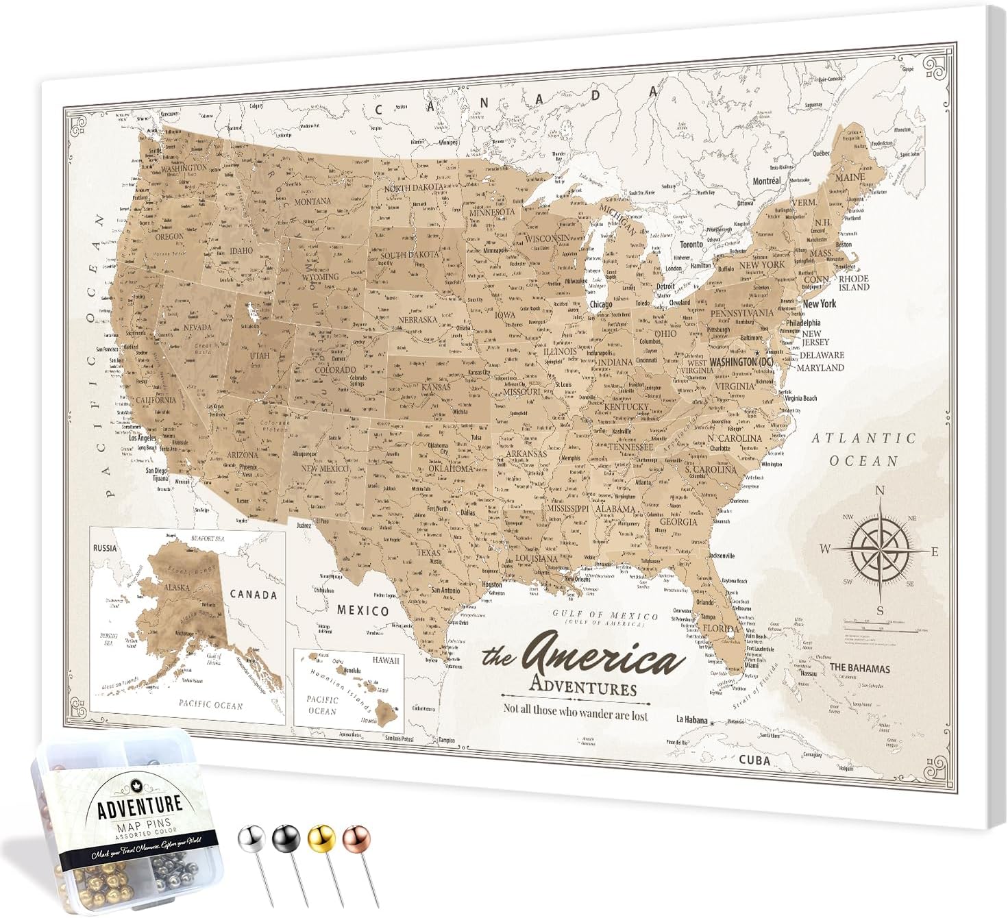 IPIC - Large Vintage Push Pin Travel Map USA, Pin Board Canvas Wall Art, United States Maps for Wall, Giclee Print on Canvas, Handcrafted in USA, 36x24