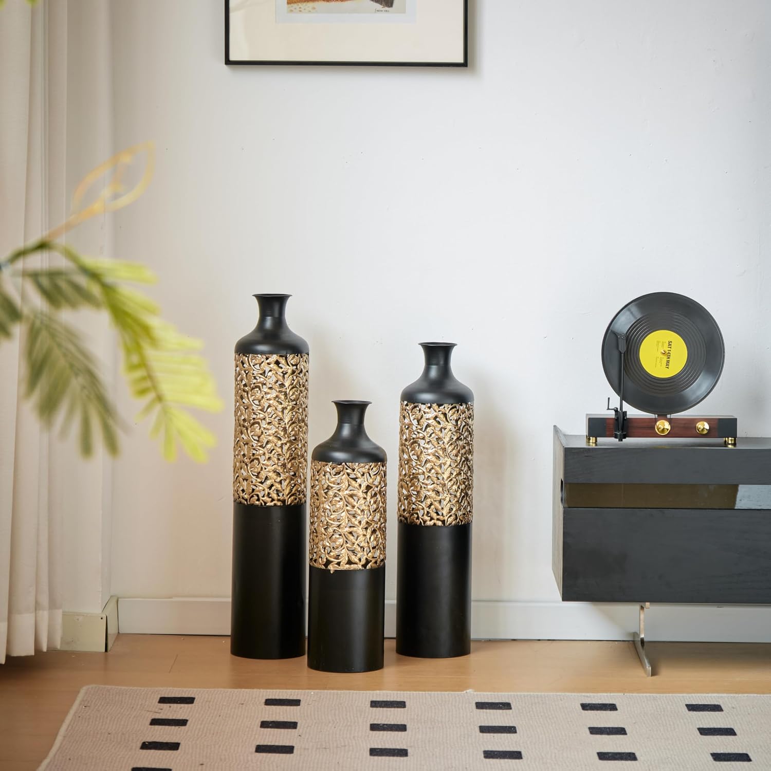 Metal Floor Vase Set -Large Glazed Metal Vases for Living Room, Entryway & Office Decor,20.8in/24.8in/28.7in Rustproof Tall Standing Home Décor (Black+Gold Branches)