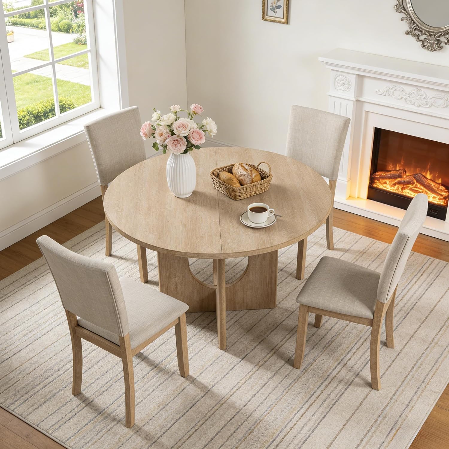 leovanni Round Dining Table Set for 4, Kitchen Table with 4 Upholstered Chairs, 5-Piece Wood Dining Table and Chairs Set for Kitchen, Dining Room, Living Room, Natural