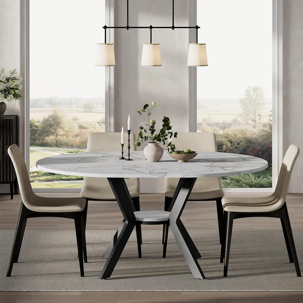 42'-58' Round Extendable Dining Table for 4-6, Kitchen Oval Table with Hidden Leaves & Storage Shelf, Space Saving Modern Design with Sturdy Metal Legs for Kitchen, Dining Room & Small Apartments