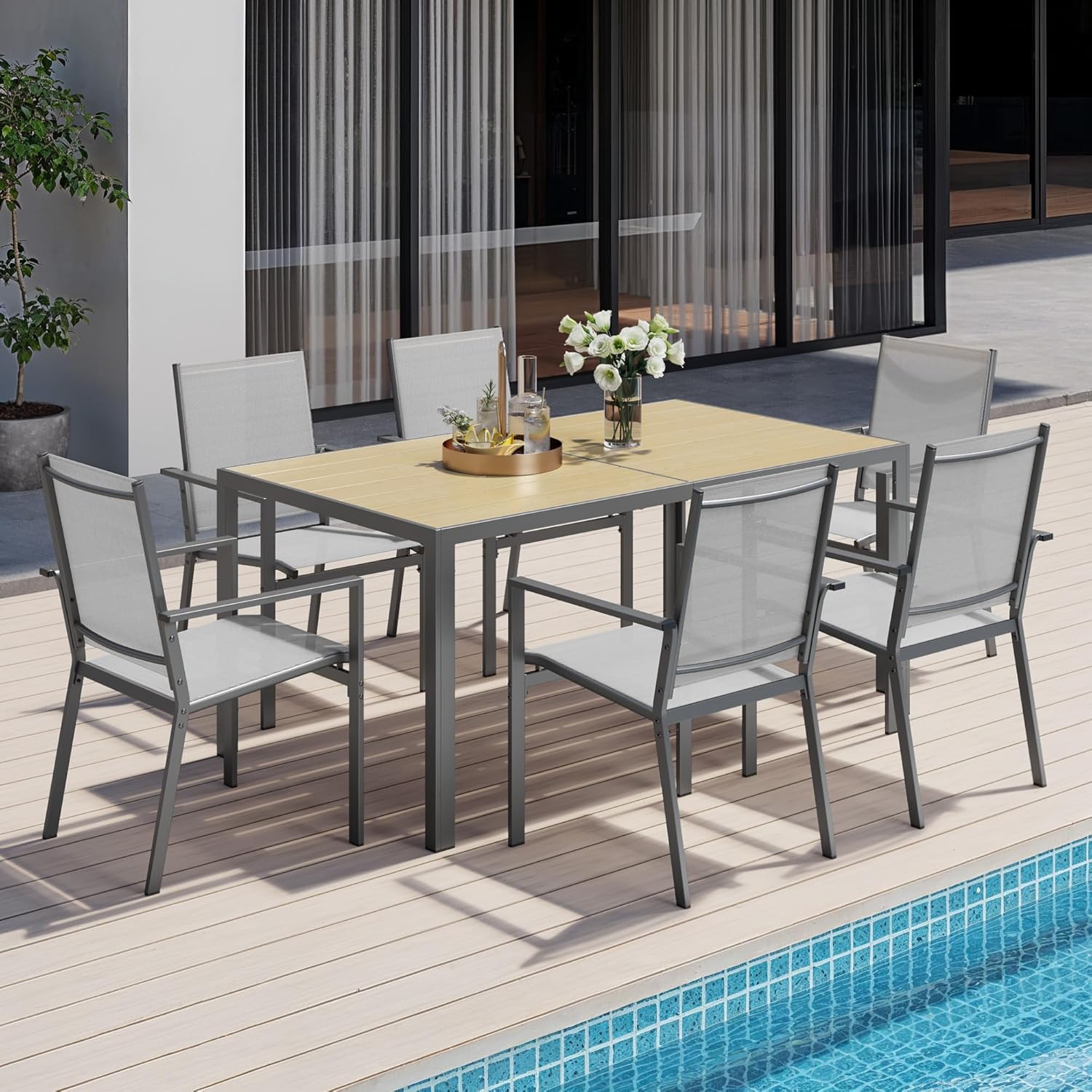 Ahomly Patio Table and Chairs Set for 6, Outdoor Dining Set Includes 59.5' Rectangle Patio Table with Side Umbrella Hole and 6 Textilene Fabric Patio Chairs for Courtyard, Backyard, Pool, Grey&Brown