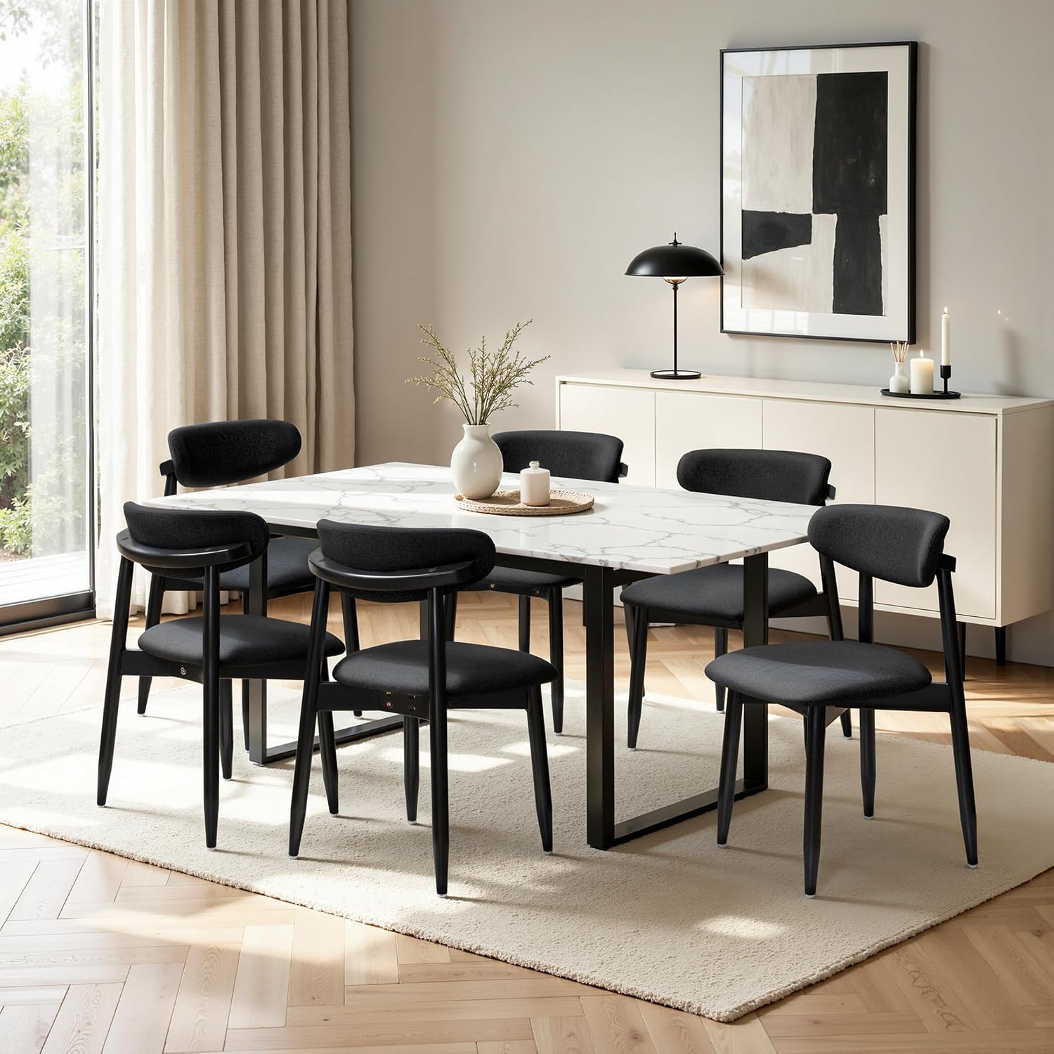CHUN YI Dining Chairs Set of 4, Upholstered Solid Wood Dining Room Chairs, Mid Century Modern Fabric Kitchen Chairs with Ergonomic Curved Back, Black (Only Chairs)