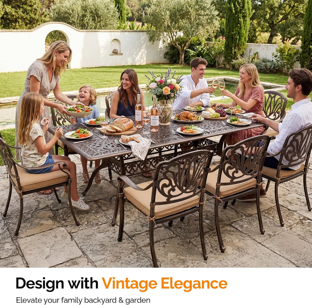 VINGLI 9 Pieces Outdoor Dining Set, Cast Aluminium All-Weather Patio Dining Set for 8 with Umbrella Hole, Outdoor Dining Table and Chairs with Cushion for Yard, Garden, Porch and Poolside, Bronze