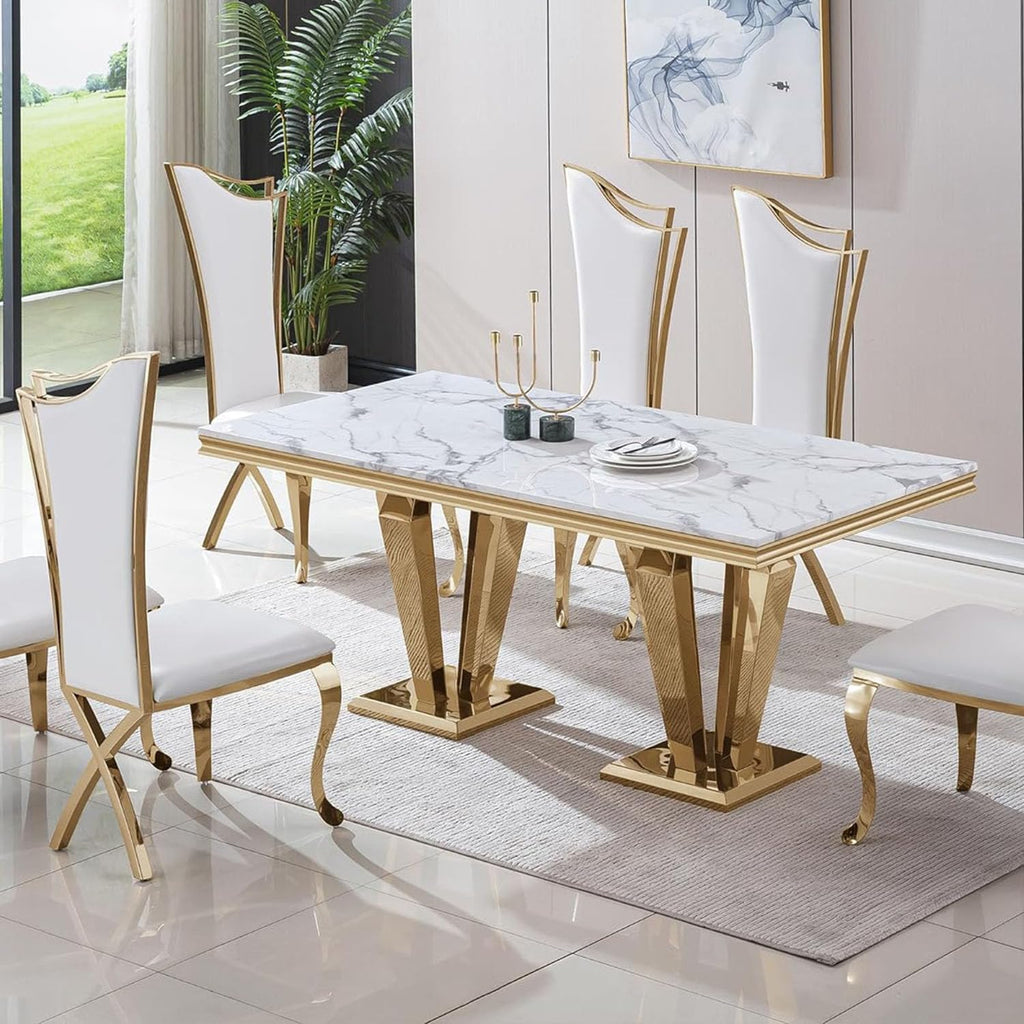 68' White Marble Dining Table for 6-8, Mid Century Modern Dining Table with Faux Marble Top & Gold Mirrored Dimaond Shape Stainless Steel Base, Luxury Rectangular Dinner Table for Kitchen Dining Room