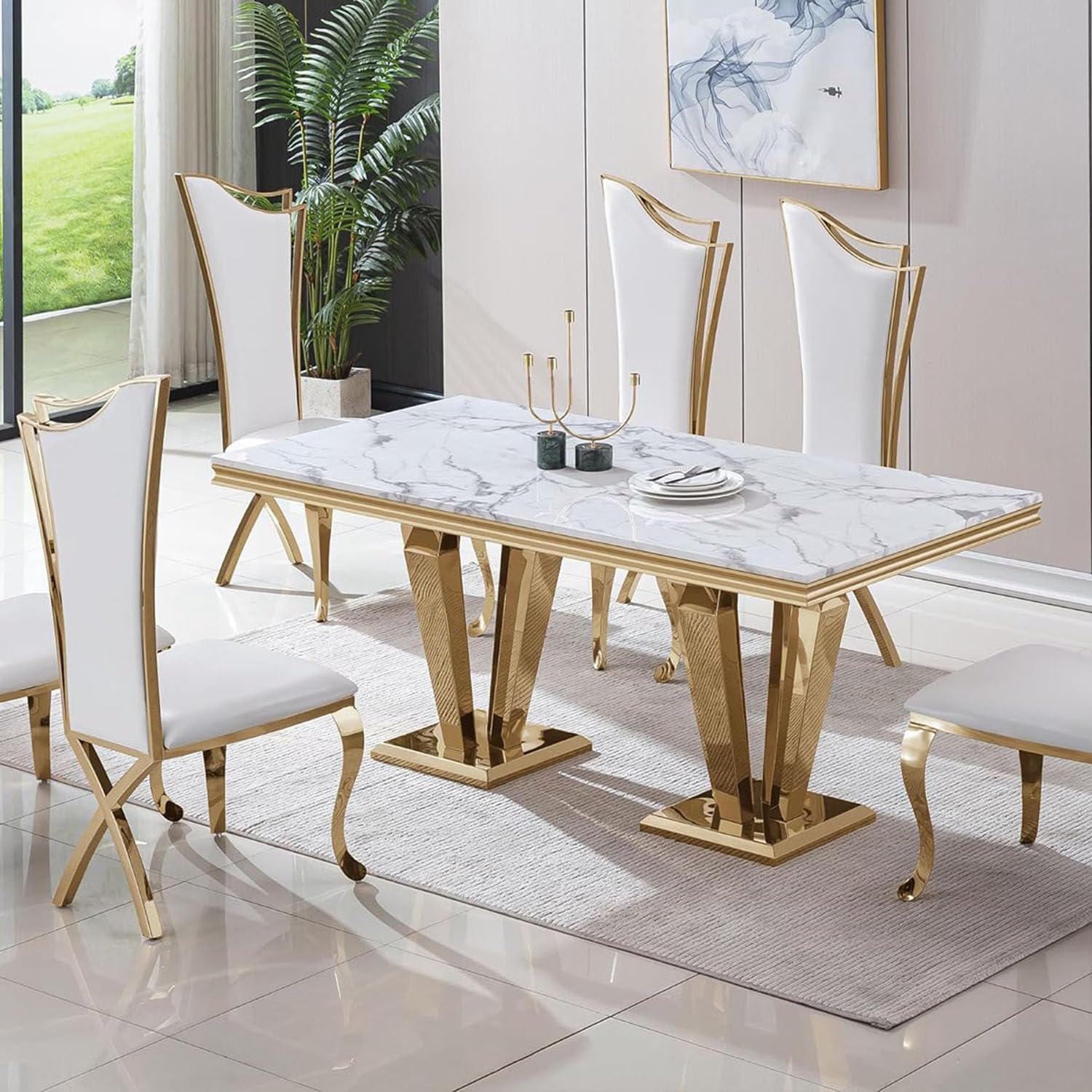 68' White Marble Dining Table for 6-8, Mid Century Modern Dining Table with Faux Marble Top & Gold Mirrored Dimaond Shape Stainless Steel Base, Luxury Rectangular Dinner Table for Kitchen Dining Room