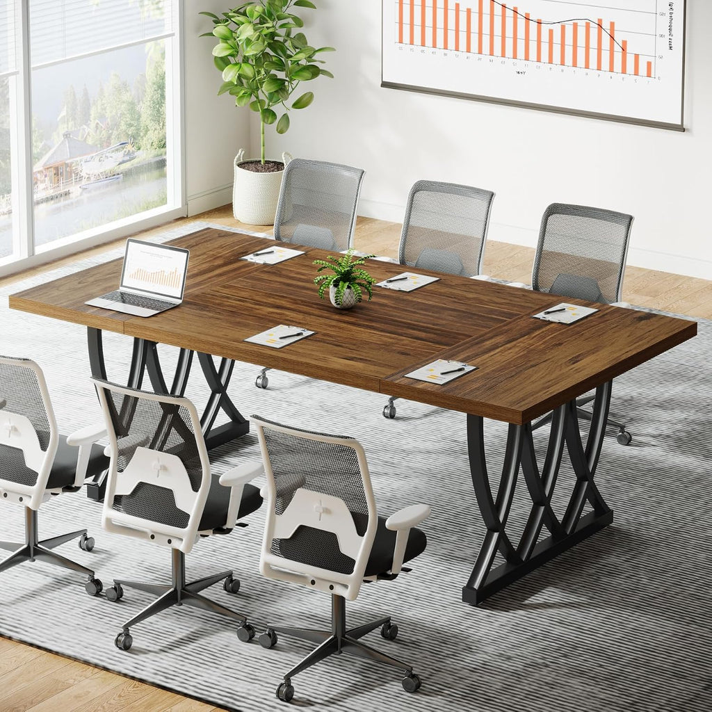 Tribesigns 6 ft Conference Table for 6-8 People, 70.86-Inch Rectangle Meeting Seminar Table with Unique Curved Metal Support for Home Office (Without Chair, Retro Brown & Black) (1)