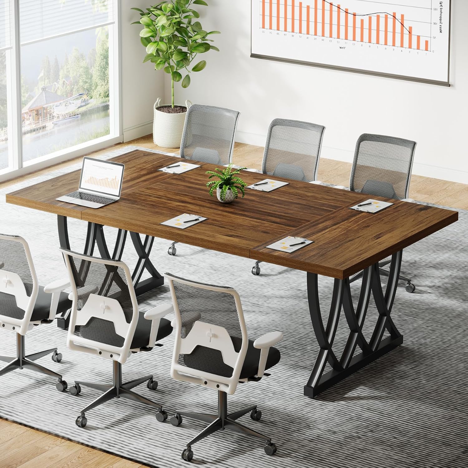 Tribesigns 6 ft Conference Table for 6-8 People, 70.86-Inch Rectangle Meeting Seminar Table with Unique Curved Metal Support for Home Office, (Without Chair, Retro Brown & Black) (2)