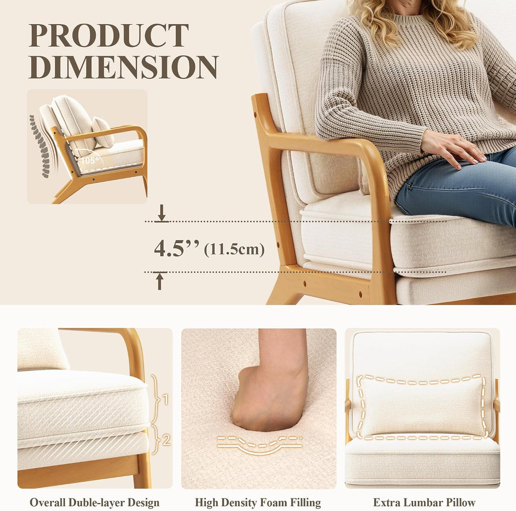 MALOL Mid-Century Accent Chair with Solid Wood Frame, Reading Relaxing Armchair Lumbar Pillow& Soft Cushion, Leisure Chair for Living Room, Bedroom, Waiting Room-Beige