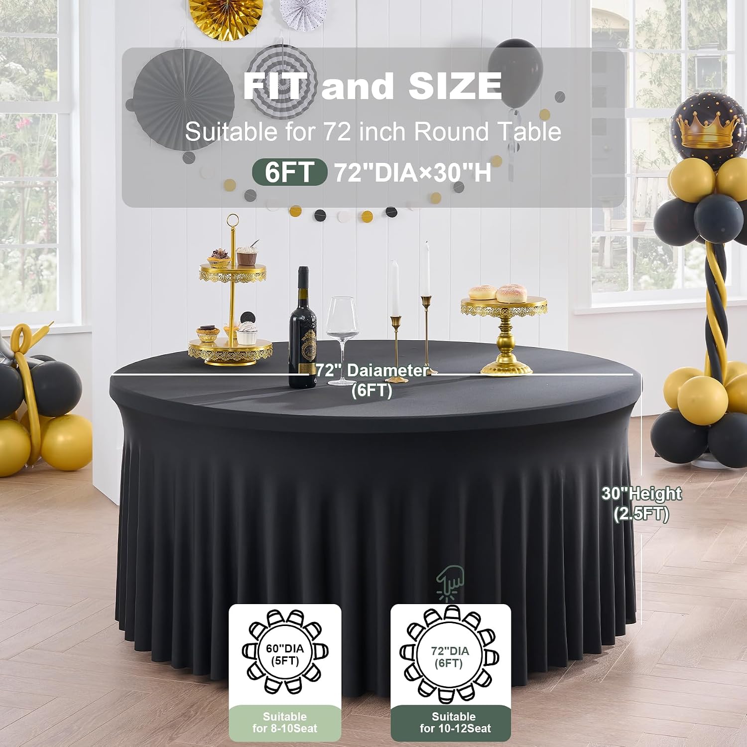 Outpain 6 Pack Black 72in/6FT Round Spandex Tablecloth,132inch Stretchy Fitted Black Table Cloths,Wrinkle Free Round Table Cloths with Skirt for Wedding Vendor Graduation Banquet
