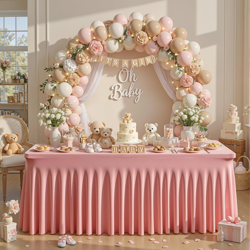 6 Packs Dusty Rose Table Clothes for 6 Foot Rectangle Tables, One-Piece Wrinkle Resistant Stretch Spandex Table Covers with Skirt for Event Banquet Wedding Birthday Party