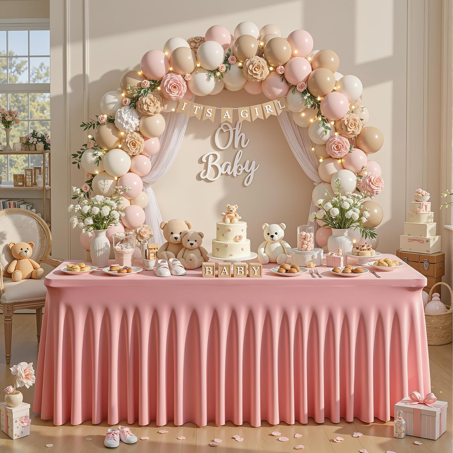 6 Packs Dusty Rose Table Clothes for 6 Foot Rectangle Tables, One-Piece Wrinkle Resistant Stretch Spandex Table Covers with Skirt for Event Banquet Wedding Birthday Party
