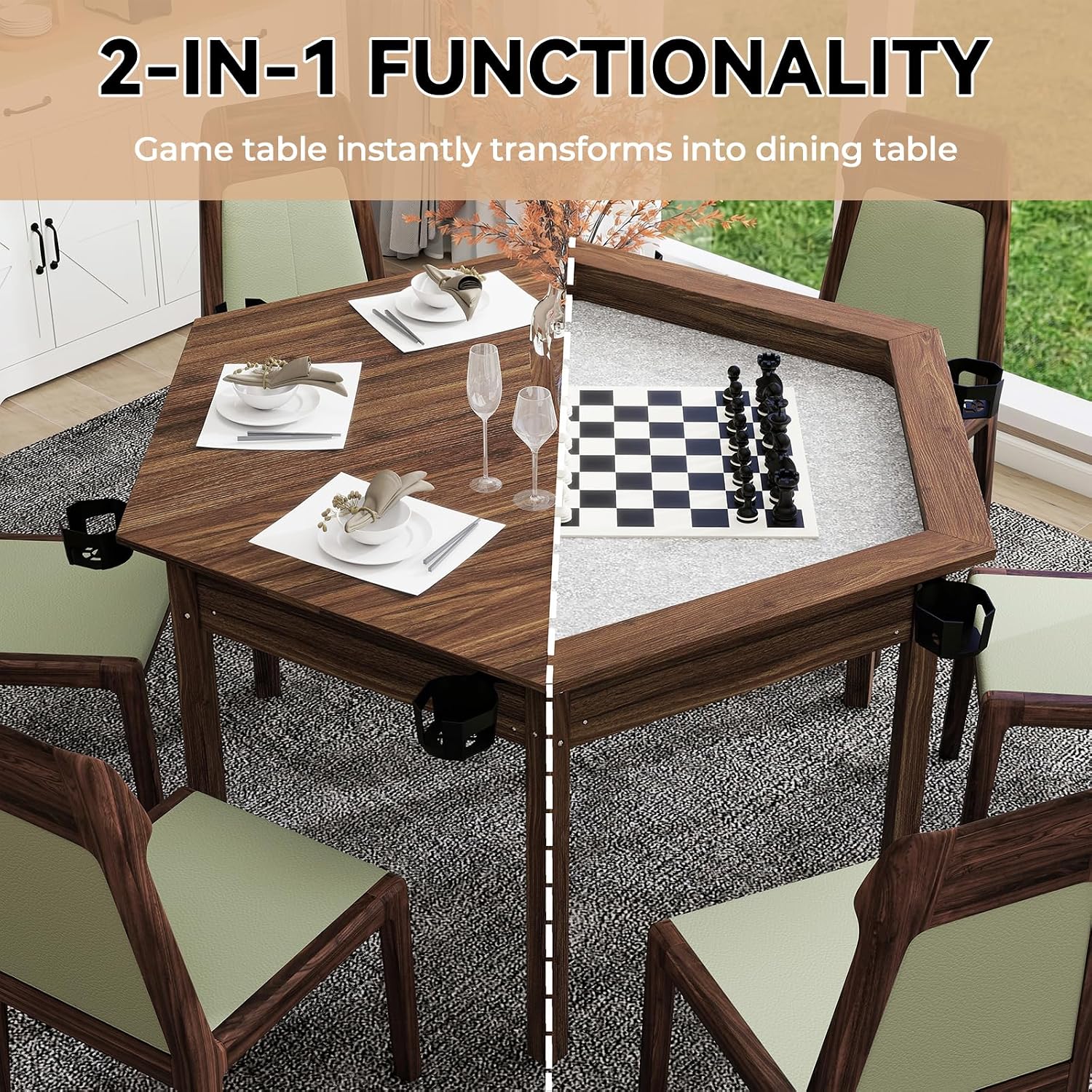 Board Game Table with Rotating Cup Holders for 6 Players, Hexagon Gaming and Dining Table with Removable Table Top & Non-Slip Play Mat, Multifunctional Table with for DND/Poker/Card Games