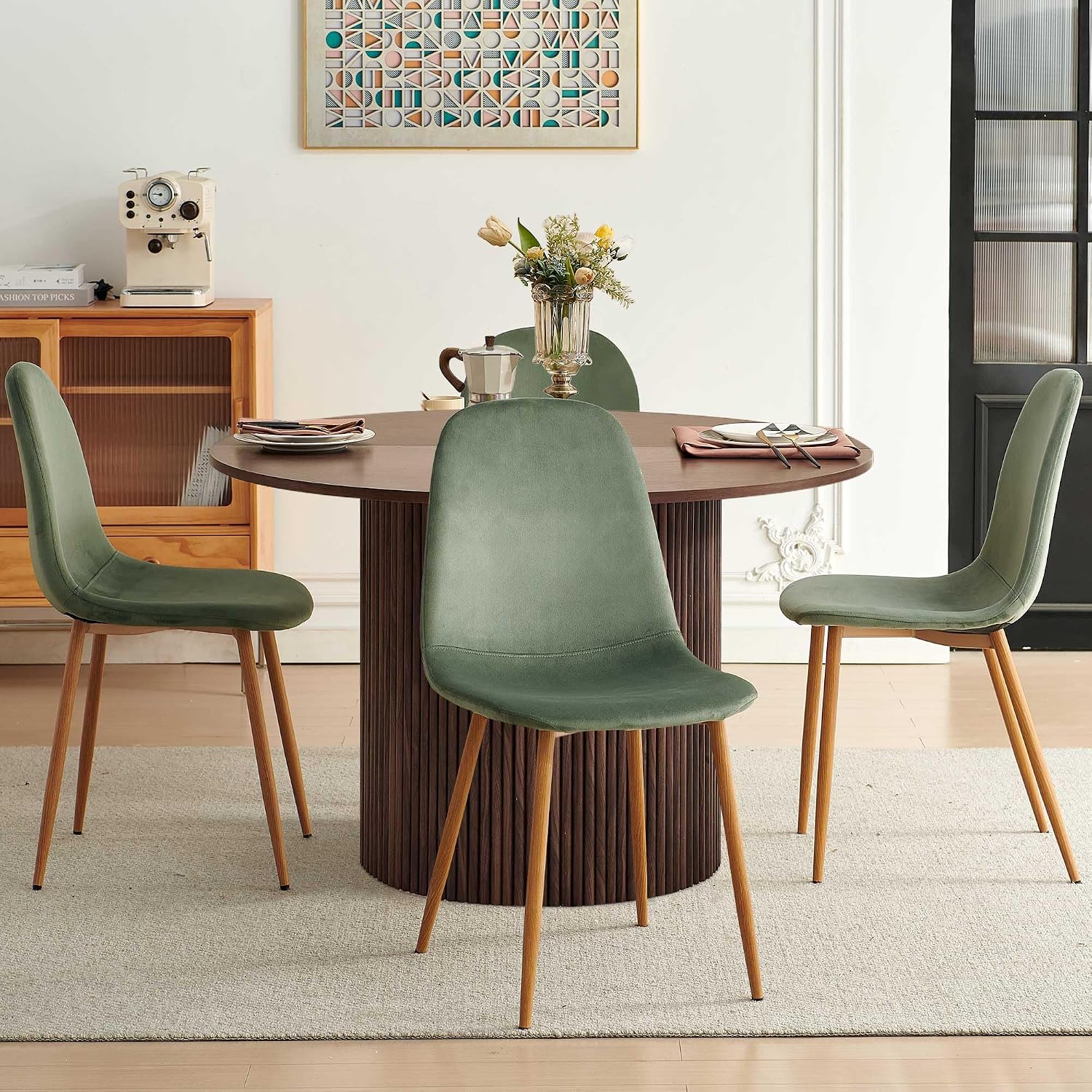Dining Table Set for 4, Mid Century Modern 47 Inch Wooden Round Dining Table Set, Space Saving (Table + 4 Green Chairs)