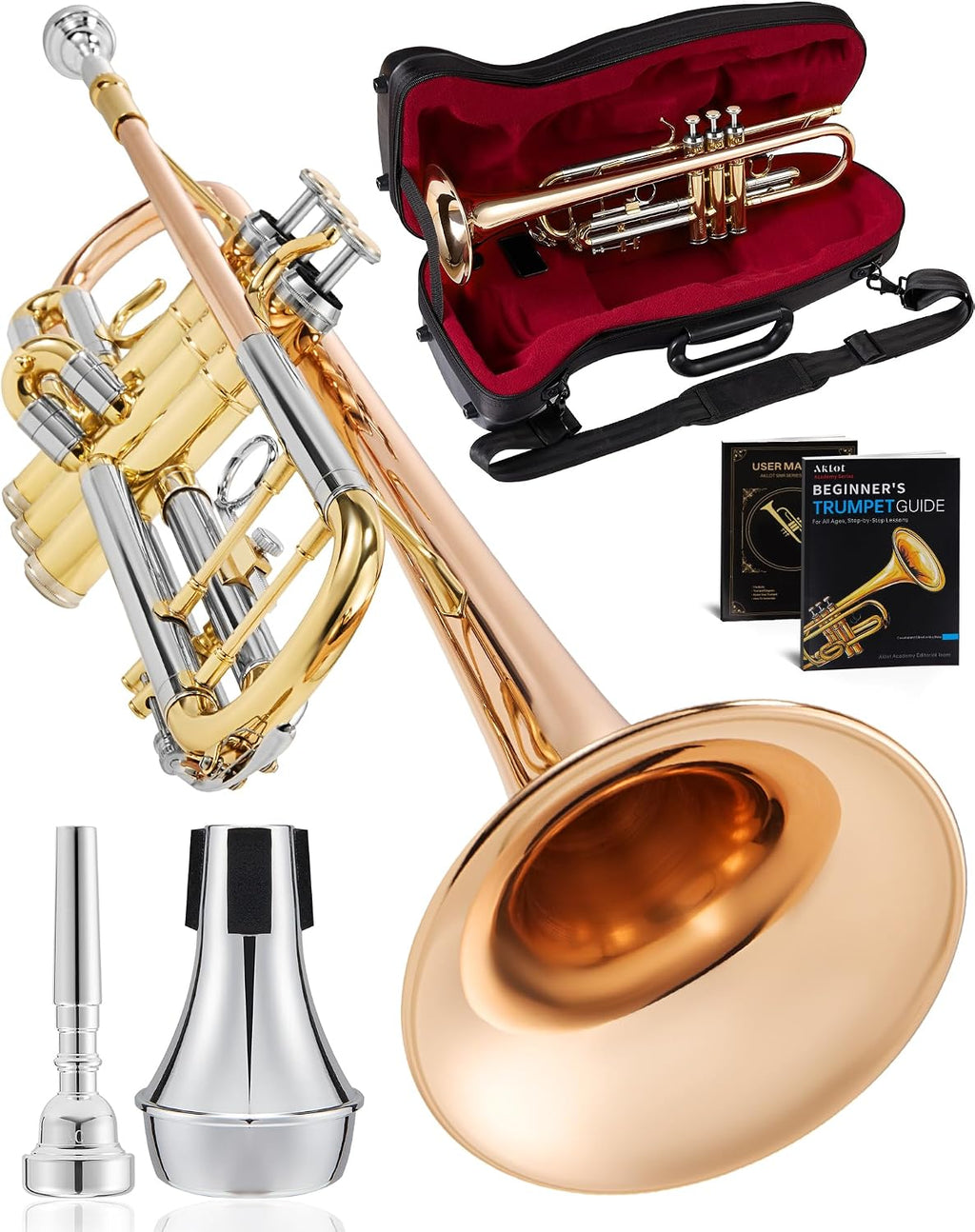 AKLOT Tri-Metallic Artistry Bb Trumpet: Phosphor Bronze Bell, Smooth Monel Valves, Double-Bar Support System, Includes Premium Leather Case, Lesson Book, 7C Mouthpiece, Mute, Cleaning Kit (SNR-PriFTG)