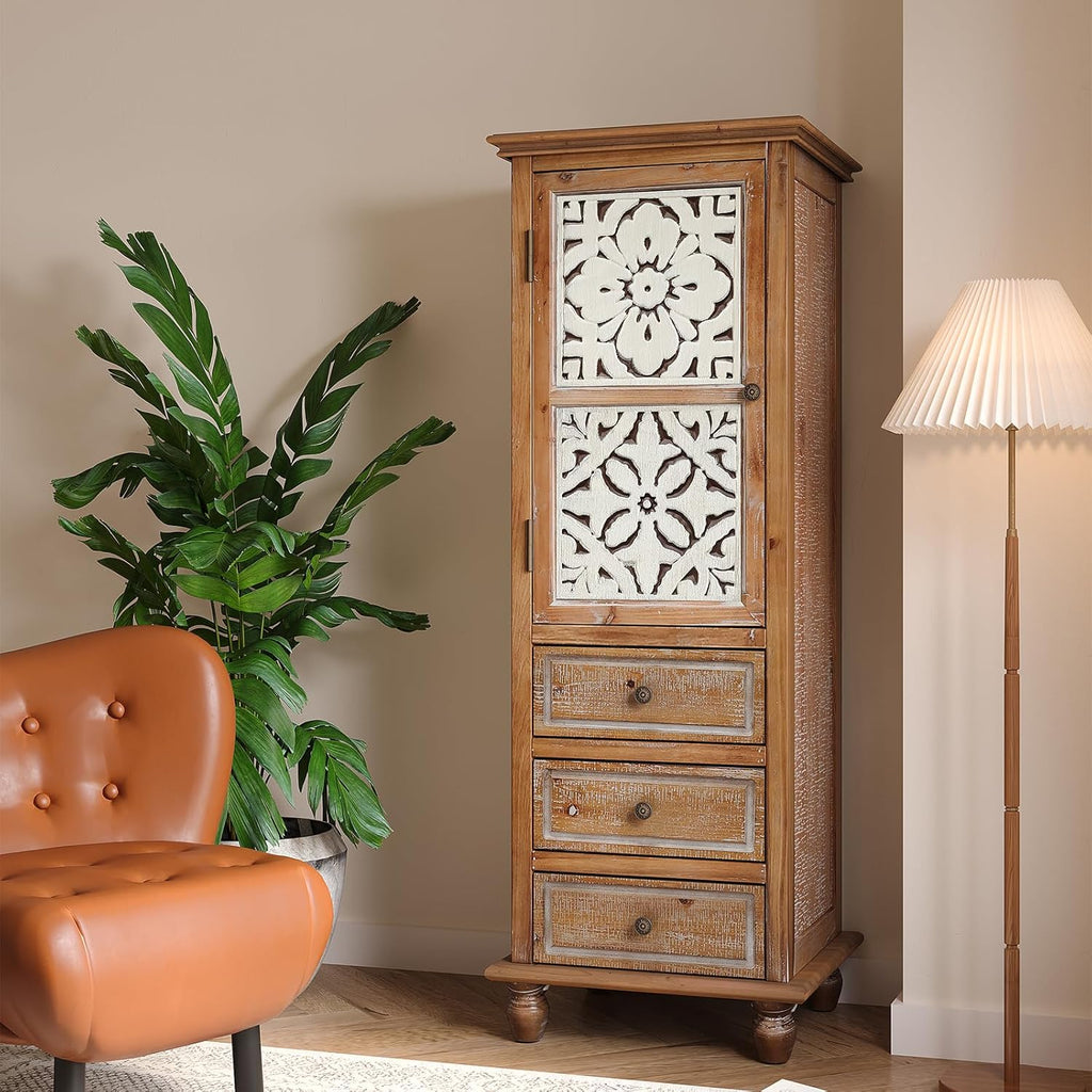 LKTART Solid Wood Accent Storage Cabinet with Carved Doors,54' Tall Thin Storage Cabinet with Drawers for Entryway,Kitchen,Living Room