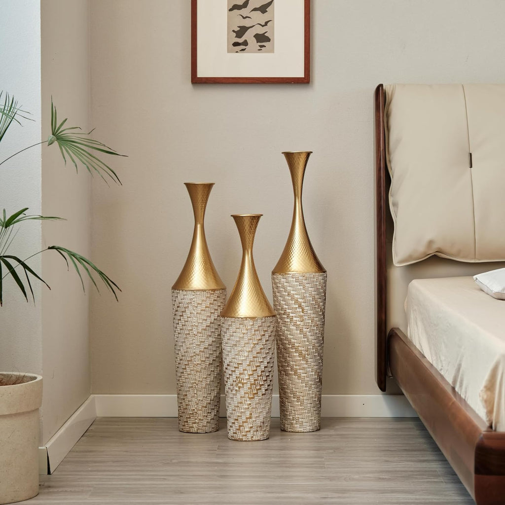 Floor Metal vase Modern Style Decoration Home Woven Pattern Metal vase 3-Piece Set Gorgeous Home Decoration Large Glazed Metal vases (Gold+White Woven Pattern)